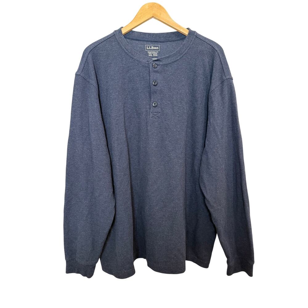 L.L. Bean Navy Blue Mini-Waffle Henley Long Sleeve Traditional Fit XXL Casual